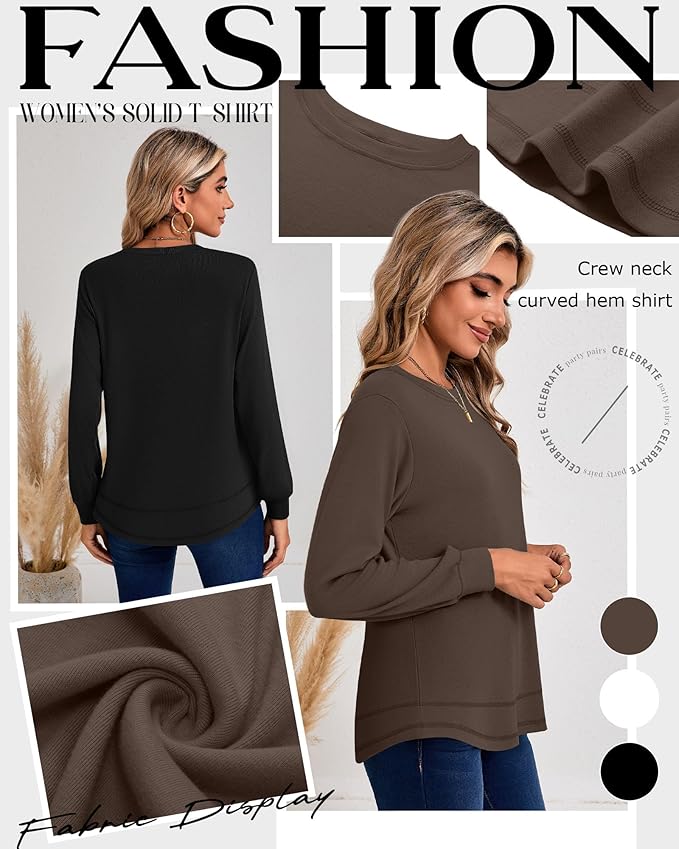 Ficerd 3 Pack Women's Long Sleeve Shirts, Cotton Crew Neck Tunic Tops Casual Loose Fit Pullover Sweatshirts Curved Hem Shirts