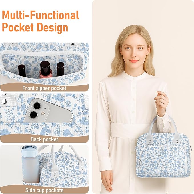 Lunch Bag Large Insulated Lunch Box for Women Men Adult Cute Blue Floral Lunchbox Corduroy Lunch Bags Boxes Pail with Shoulder Strap for Work Mom Picnic Office Travel 11.4×6.8×9.1 inches 11.5L