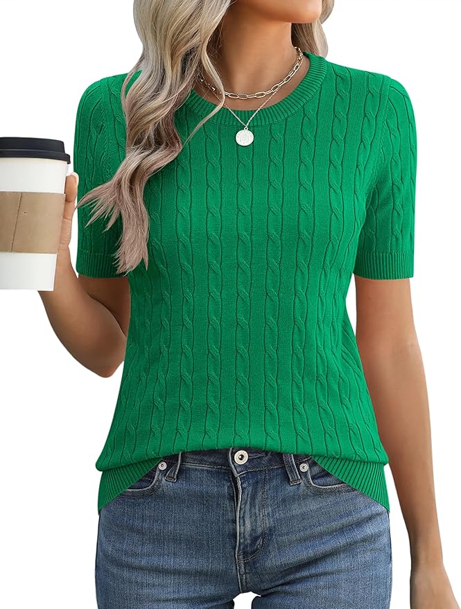 Micoson Womens Short Sleeve Cable Knit Sweater Tops Crewneck Lightweight Spring Summer Shirts Business Dressy Casual Outfits