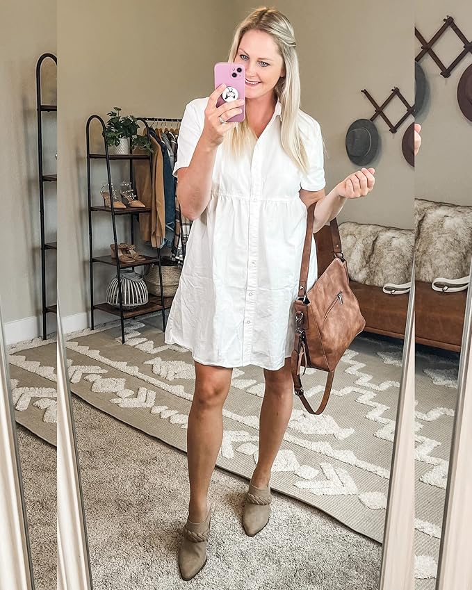 LookbookStore Women's Short Sleeve Button Down Flowy Tiered Babydoll Denim Dress