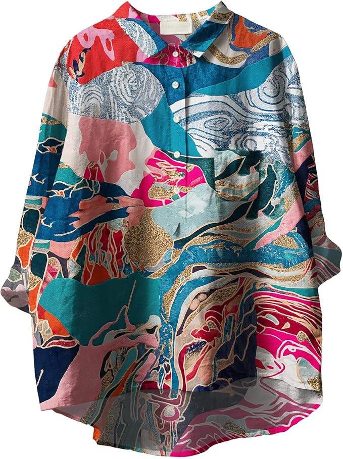 Womens Boho Tops 3/4 Long Sleeve Floral Blouses Hawaii Beach Button Down Shirts V Neck Pullover Casual Tunics