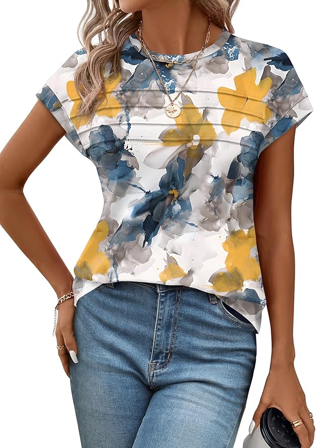 WEESO Womens Summer Tops Trendy 2026 Cap Sleeve T Shirts Crew Neck Pleated Front Beach Vacation Clothes Fashion