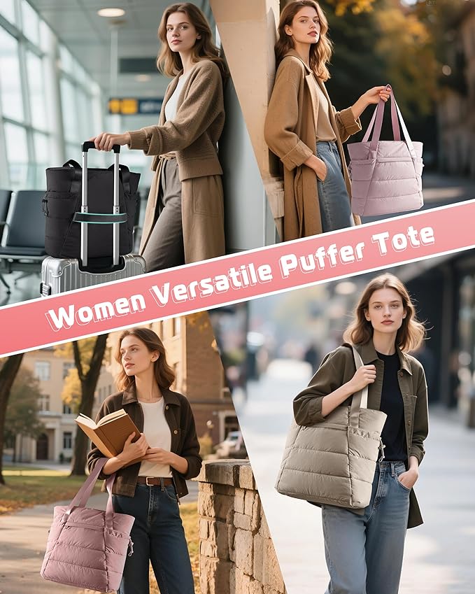 Puffer Tote Bag for Women, Lightweight Tote Bag for Work and School, Khaki