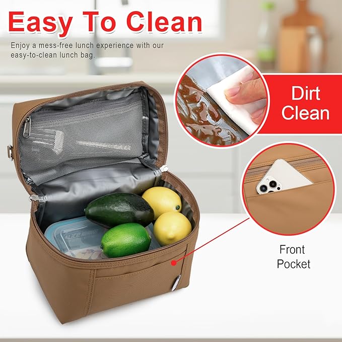 NOL Natural Organic Lifestyle Insulated Lunch Bags for Women Cooler Bag Lightweight Nylon Waterproof Lunch Box For Work (Medium(normal),Brown