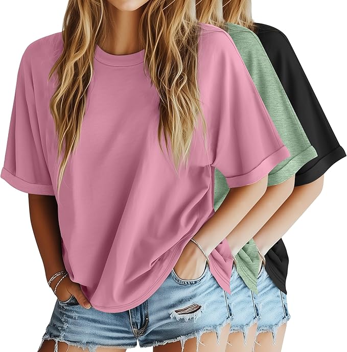 Riyiper 3 Pack Women's Oversized T-Shirt Half Sleeve Summer Tees Casual Loose Fit Crew Neck Basic Tops