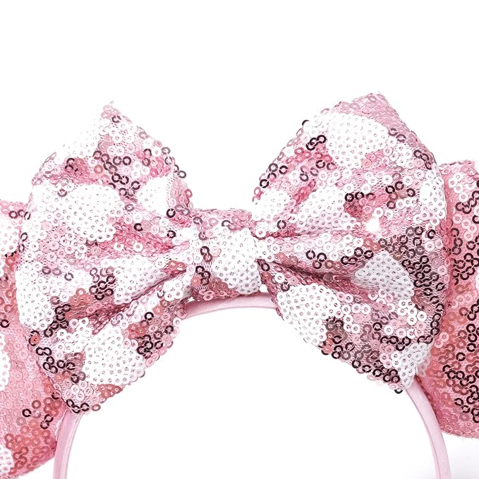 Foeran Mouse Ears Headbands Shiny Bows Mouse Ears Glitter Party Princess Decoration Cosplay Costume for Girls Women (pink heart dots)