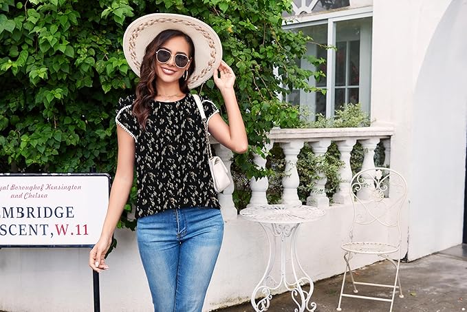 TASAMO Women's Casual Round Neck Basic Pleated Top Cap Sleeve Curved Keyhole Back Chiffon Blouse