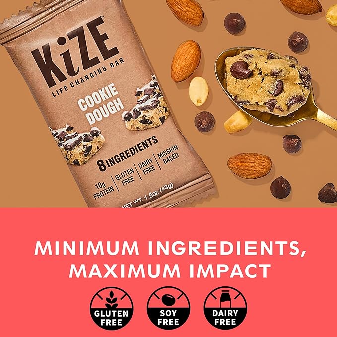 KiZE Energy Bars - Cookie Dough - Gluten Free, Dairy Free, Non-GMO, and High Protein Meal Replacement Energy Bars, Clean and Simple Food Ingredients - 10g High Protein Snacks, (10 Count)