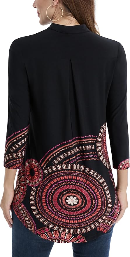 BAISHENGGT 3/4 Sleeve Tops for Women Notch V Neck Floral Work Blouses Dressy Casual Loose Fit Going Out Tunic Tops
