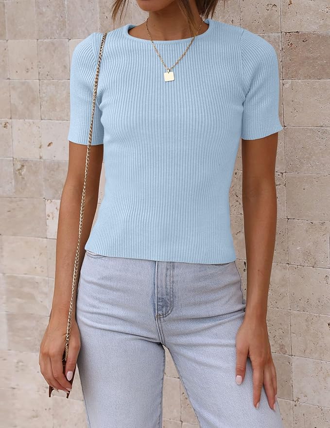 ZESICA Women's Short Sleeve Sweater Tops 2026 Summer Crewneck T Shirt Ribbed Knit Slim Fit Basic Solid Color Tee