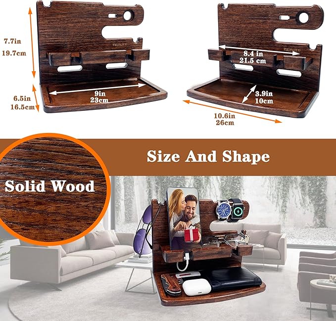 Gifts for Men Women Dad Husband Boyfriend Wood Phone Docking Station Nightstand Organizer for Men Birthday Gifts (Dark Brown)