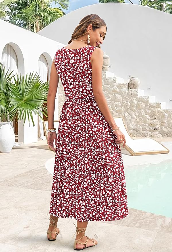 WNEEDU Women's Summer Maxi Dress 2026 Casual Sleeveless Hawaiian Sundress Tropical Long Dress Beach Vacation Outfit