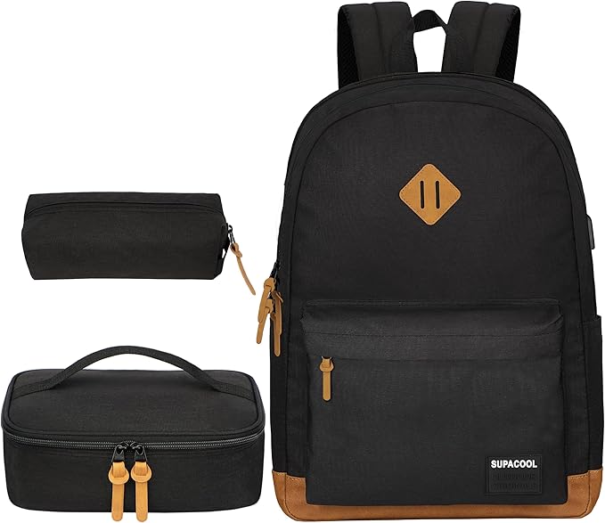 SUPACOOL Casual Laptop Backpack, Lunch bag, Pencil bag, School backpack with USB Port for Men and Women, Bookbag for Boys and Girls, Backpack Set(3PCS Black)