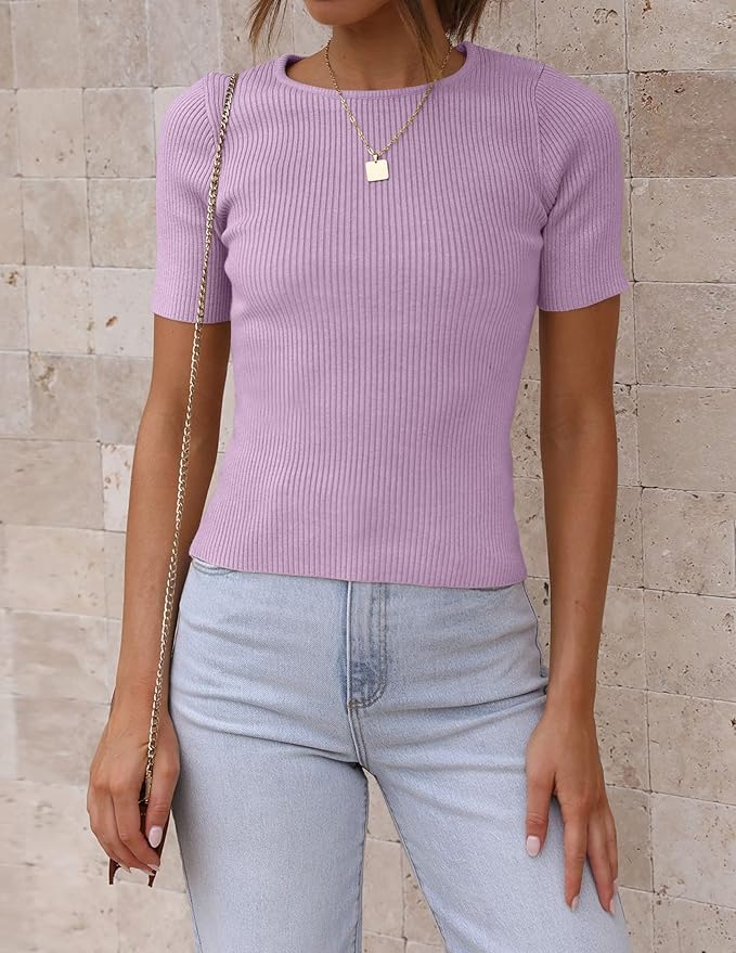 ZESICA Women's Short Sleeve Sweater Tops 2026 Summer Crewneck T Shirt Ribbed Knit Slim Fit Basic Solid Color Tee