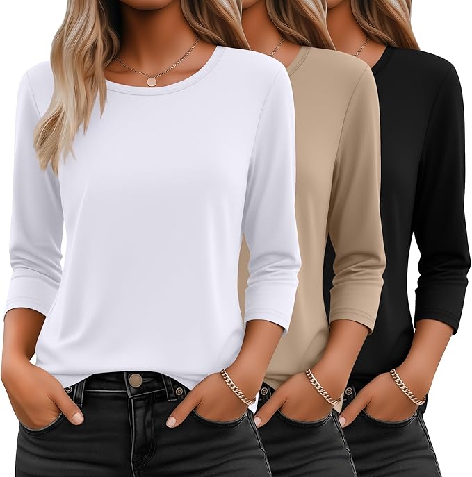 Ficerd 3 Pack 3/4 Sleeve Tops for Women Round Neck Dressy Basics Tees Casual Trendy Loose Fit T Shirts