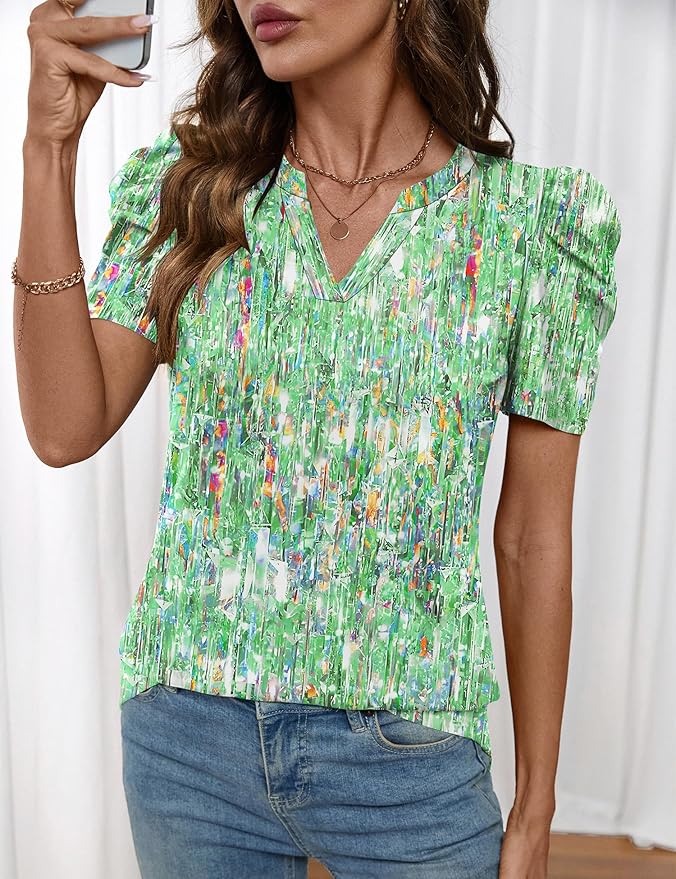 Lomon Spring Summer Tops for Women 2026 V Neck Puff Short Sleeve Tops Fashion Trendy Work Blouses Dressy Casual S-XXL