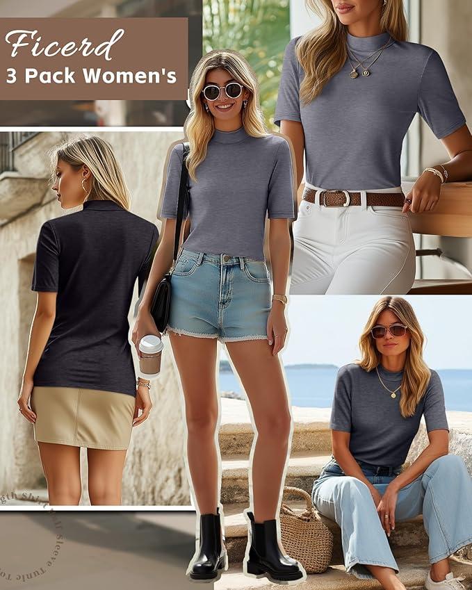 Ficerd 3 Pack Women's 1/2 Sleeve Mock Turtleneck Shirts, Elbow Length Shirt Half Sleeve Tunic Top Casual Summer Basic Tees