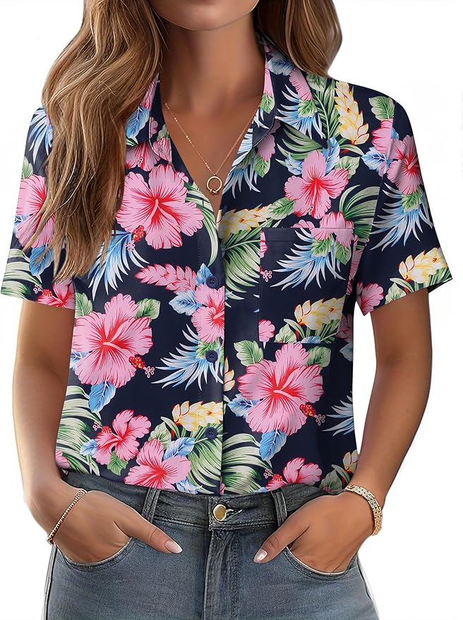 Zeagoo Womens Button Down Shirt Bust Pocket Short Sleeve Blouses Business Casual Work Tops Summer Outfits