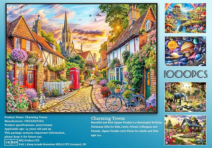 Jigsaw Puzzles for Adults 1000 Piece Puzzle for Adults 1000 Pieces Puzzle 1000 Pieces-Charming European Town with Cobblestone streetscape