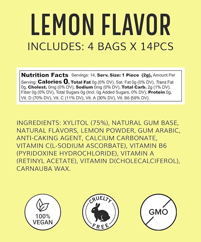 Multivitamin Xylitol Gum (56pcs) - Healthy, Sugar Free, Plastic Free, All Natural Chewing Gum with Vitamin Gum A,B6,C & D, Aspartame Free, Vegan, Gluten Free, Keto (Lemon)
