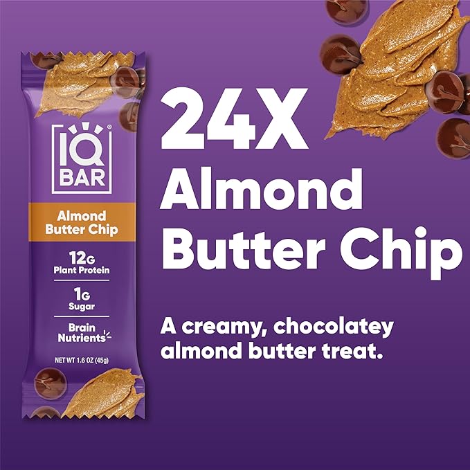 IQBAR Brain and Body Plant Protein Bars - Almond Butter Chip - 24-Count - Keto, Vegan, Low Carb, High Fiber, Gluten Free, Dairy Free, Low Sugar Snack with Nutrients for Focus, Energy, Meal Replacement