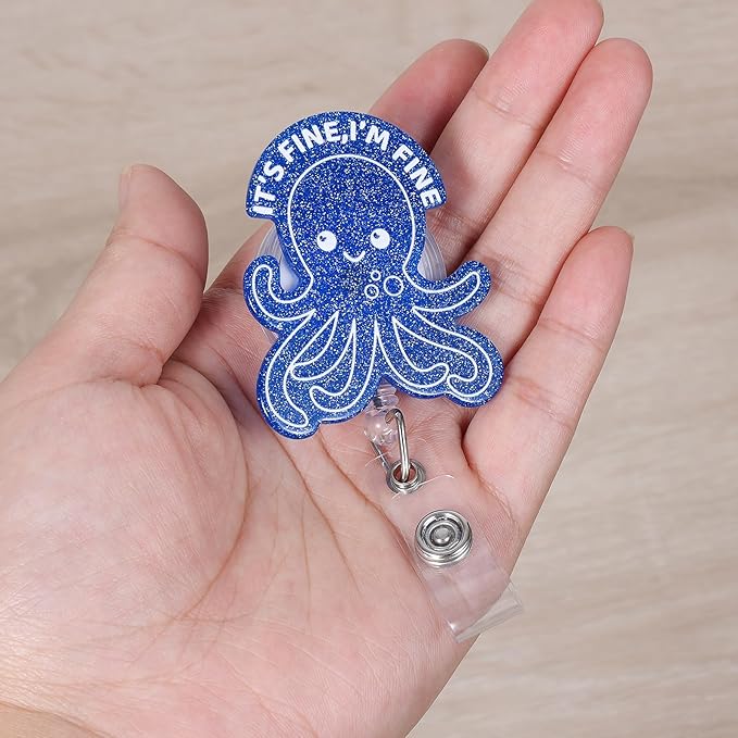 I'm FINE Funny Badge Reel, Cute Octopus Retractable ID Card Badge Holder, Name Tag Work Badge Clip for RN LPN CNA MA ER Night Shift Nurse Nursing Student OB/GYN Doctor Teacher, Nurse Gifts