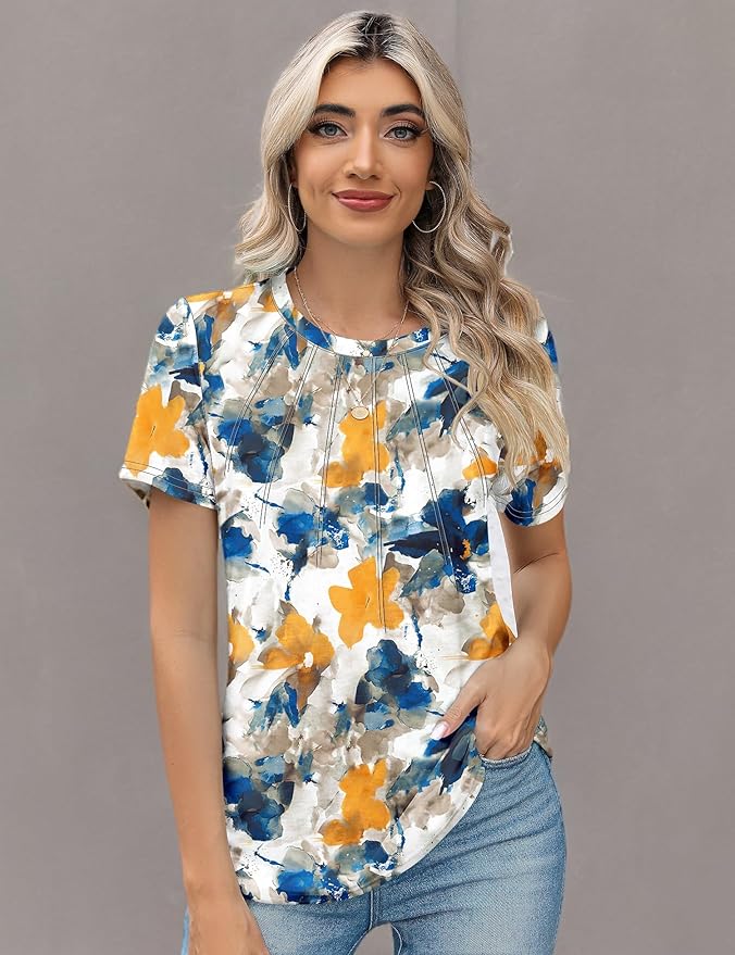 Kistore Womens Casual Crew Neck Short Sleeve Pleated Tops Blouses Fashion Clothes 2026