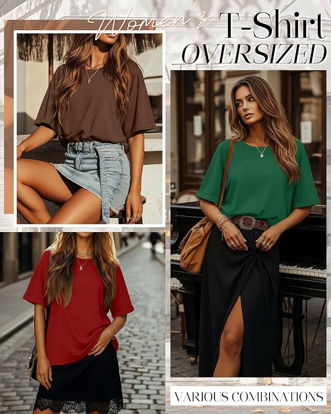 Riyiper 3 Pack Women's Oversized T-Shirt Half Sleeve Summer Tees Casual Loose Fit Crew Neck Basic Tops