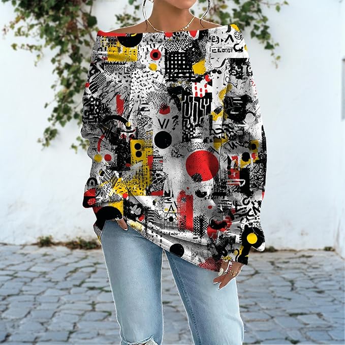 Womens Sweatshirts Floral Print Sexy Off The Shoulder T Shirts Oversized Long Sleeve Pullover Fall Tops