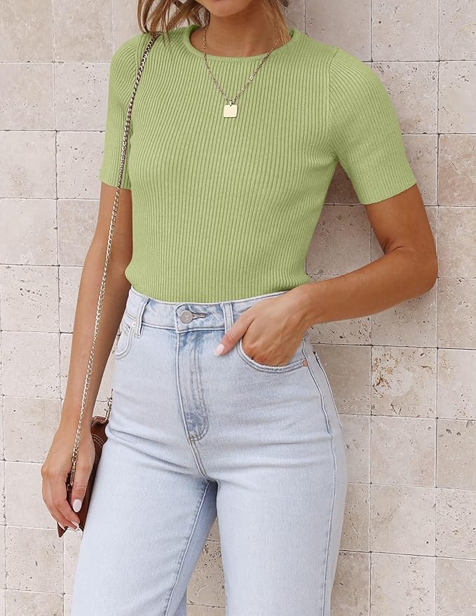 ZESICA Women's Short Sleeve Sweater Tops 2026 Summer Crewneck T Shirt Ribbed Knit Slim Fit Basic Solid Color Tee
