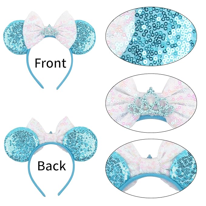 zhezesmila Sequins Mouse Ears 2 Pcs Headbands Princess Crown Pink & Blue Sequin Bow Headband Hair Accessories for Princess Costume Birthday Party