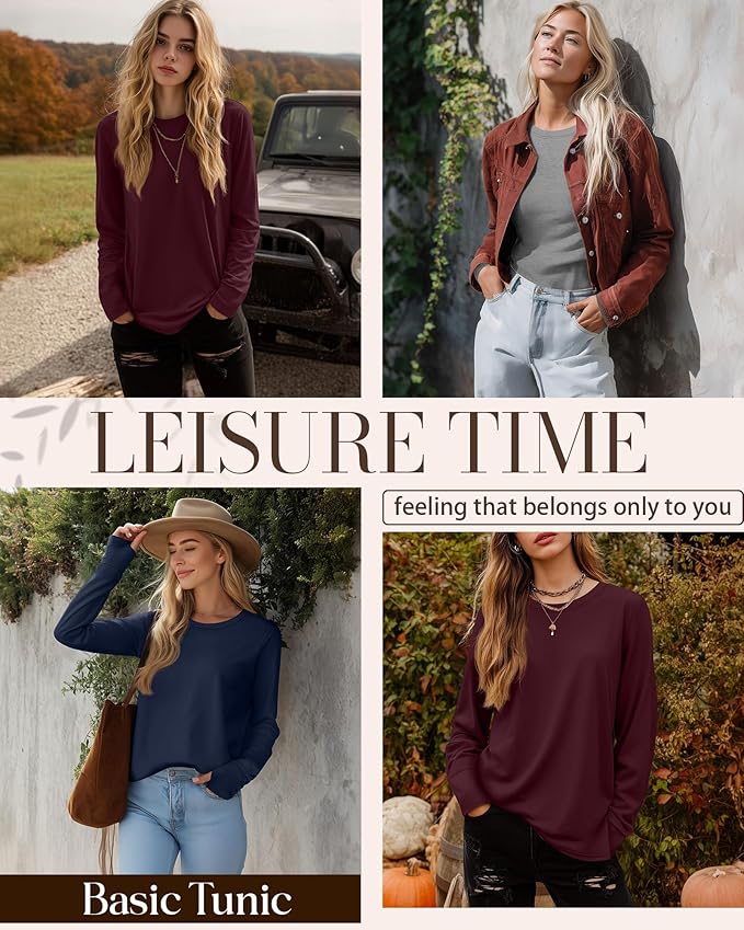 Huukeay 3 Pack Women's Long Sleeve Shirts with Thumb Holes, Cotton Casual Crew Neck Tunic Tops Fall Loose Y2k Trendy Outfits