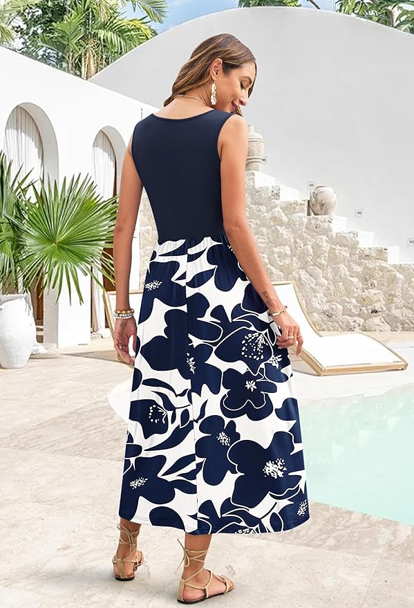 WNEEDU Women's Summer Maxi Dress 2026 Casual Sleeveless Hawaiian Sundress Tropical Long Dress Beach Vacation Outfit