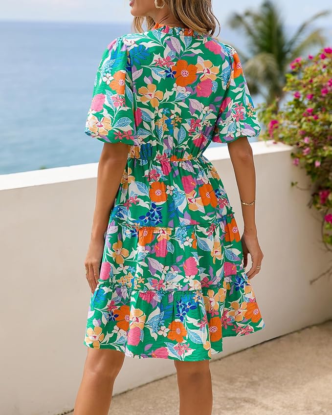 BTFBM Women Summer Floral Short Dresses V Neck Short Sleeve Tiered Ruffle Boho Swing Dress A-Line Mini Dresses