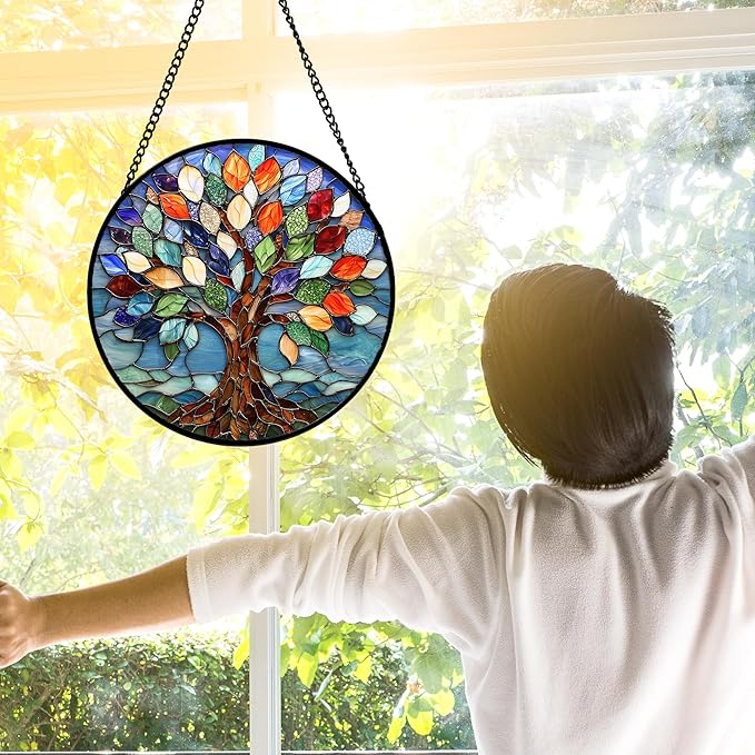 Stained Glass Window Hanging, Colorful Tree of Life Sun Catchers Glass Panel Blue Suncatcher Decor for Birthday for Women, Men, Wife, Aunt, and Mom 11.8x11.8 in