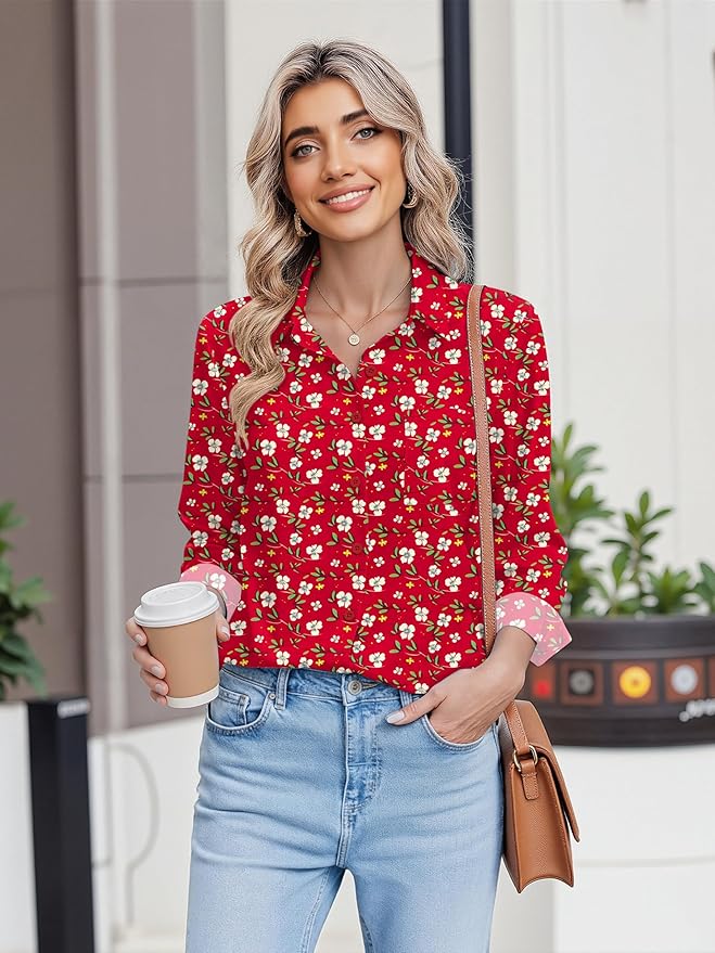 HOTOUCH Button Down Shirts for Women Long Sleeve Blouse Dressy Casual Business Work Tops with Pocket