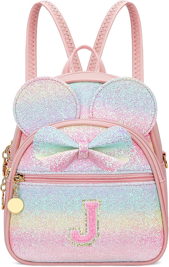 KKXIU Initial Bowknot Mini Backpacks for Girls Women, Small Cute Backpack Purse, Personalized Valentines Day Gifts for Toddler, Kids and Teen Girls(J, Rainbow)