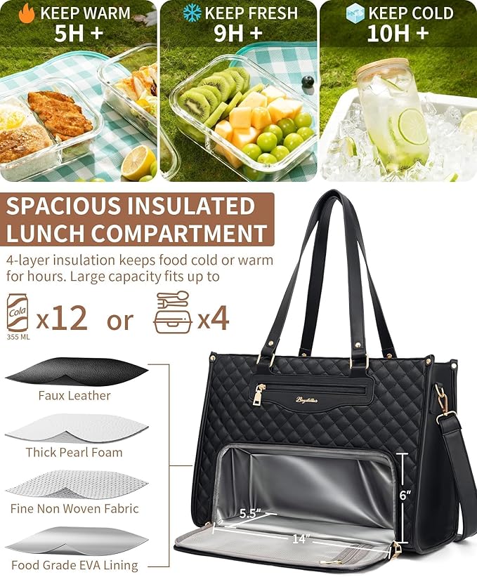 Lunch Tote Bag for Women, 15.6 Inch Laptop Work Bag with Insulated Lunch Box Compartment & Purse Large Capacity Quilted Computer Handbag for Office Business Work Nurse Teacher Travel Casual