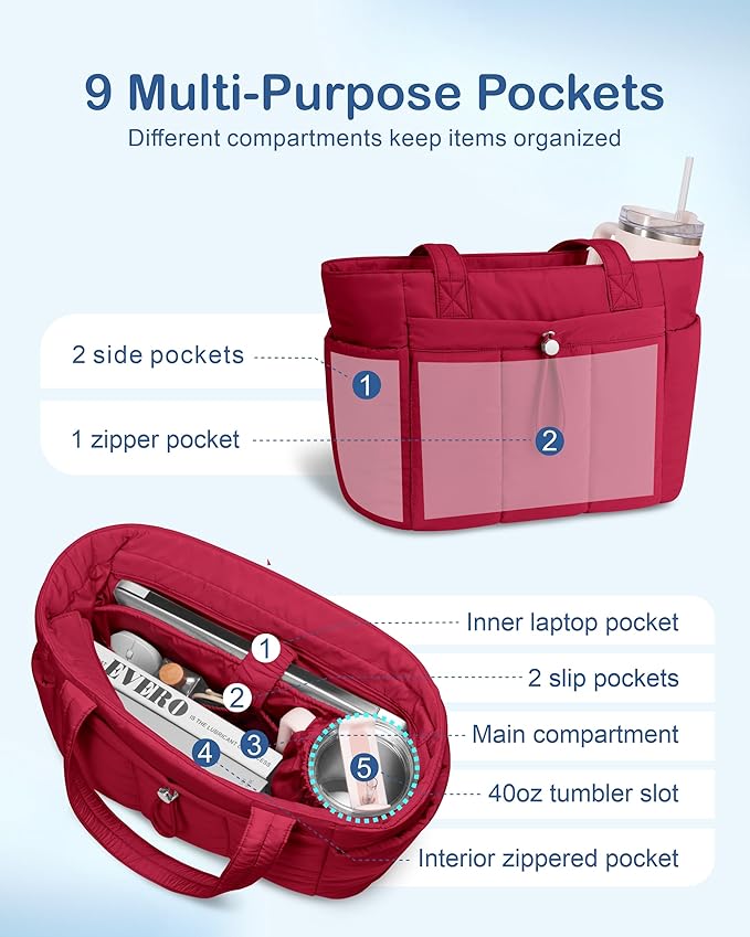 TOPDesign Puffy Tote Bag for Women with Cup Holder & Laptop Compartment & Cosmetic Bag & Trolley Sleeve for Work, Travel