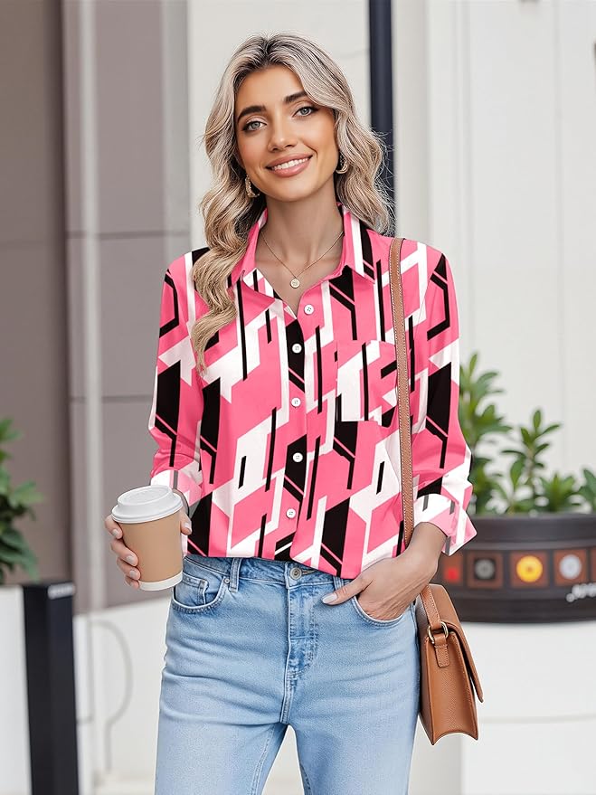 HOTOUCH Button Down Shirts for Women Long Sleeve Blouse Dressy Casual Business Work Tops with Pocket