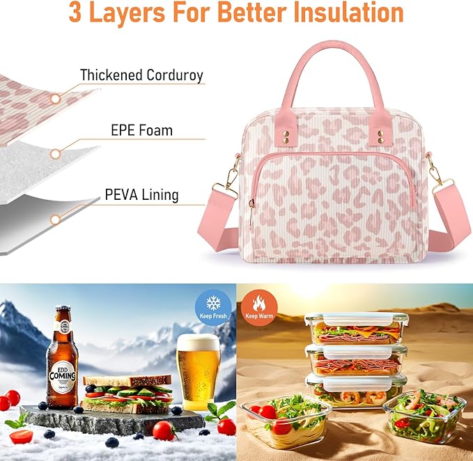 Lunch Bag Large Insulated Lunch Box for Women Adult Cute Pink Leopard Lunchbox Corduroy Lunch Bags Boxes Pail with Shoulder Strap for Work Mom Picnic Office Travel 11.4×6.8×9.1 inches 11.5L