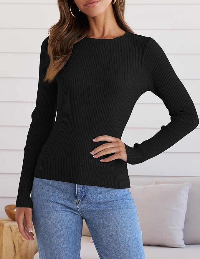 ZESICA Women's Long Sleeve Crewneck Shirts 2026 Fall Ribbed Knit Sweater Slim Fitted Casual Basic Tee Tops