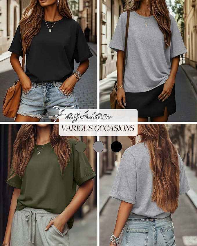 Riyiper 3 Pack Women's Oversized T-Shirt Half Sleeve Summer Tees Casual Loose Fit Crew Neck Basic Tops