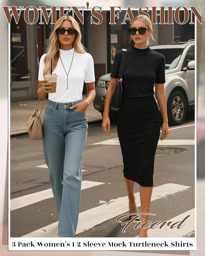 Ficerd 3 Pack Women's 1/2 Sleeve Mock Turtleneck Shirts, Elbow Length Shirt Half Sleeve Tunic Top Casual Summer Basic Tees
