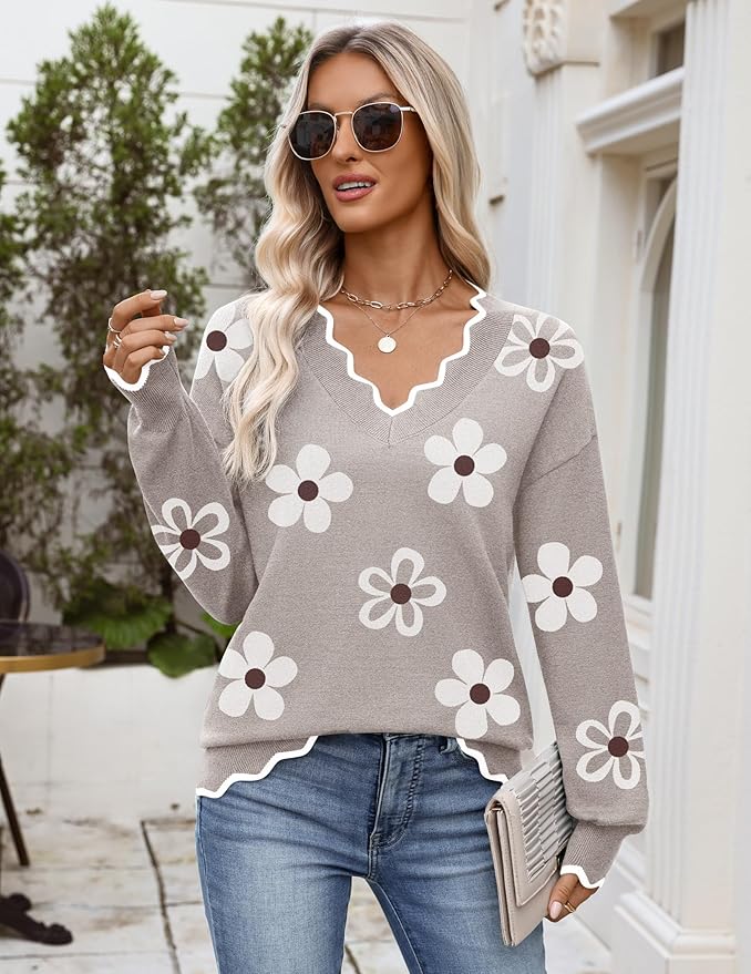 Zeagoo Women's 2026 Fall V Neck Sweater Casual Long Sleeve Lightweight Ribbed Knit Pullover Sweaters Dressy Casual Tops