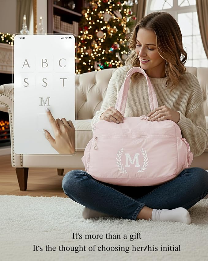 Gift for Women, Kid & Friend, Initial Girls Duffle Bag, Monogrammed Personalized Overnight Weekender, Birthday Gifts for Teen, Mom, Daughter, Grandmother, Dad (Pink, S)