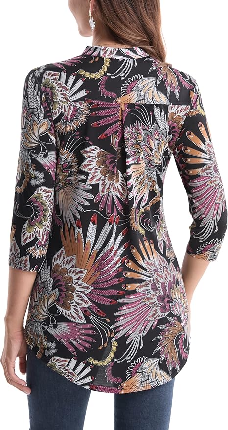 BAISHENGGT 3/4 Sleeve Tops for Women Notch V Neck Floral Work Blouses Dressy Casual Loose Fit Going Out Tunic Tops