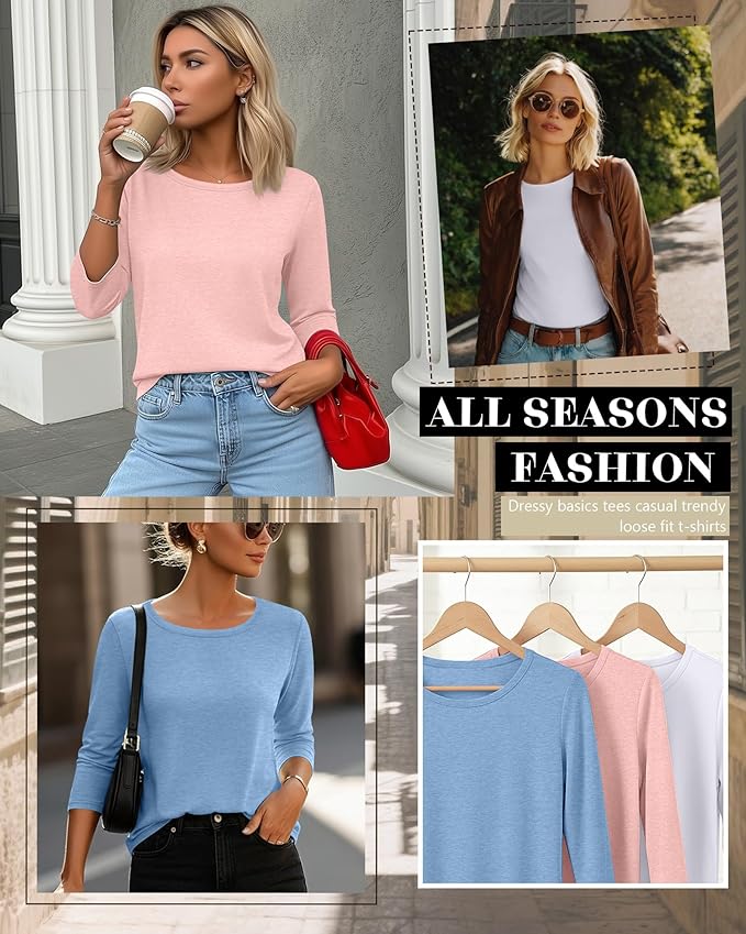 Ficerd 3 Pack 3/4 Sleeve Tops for Women Round Neck Dressy Basics Tees Casual Trendy Loose Fit T Shirts