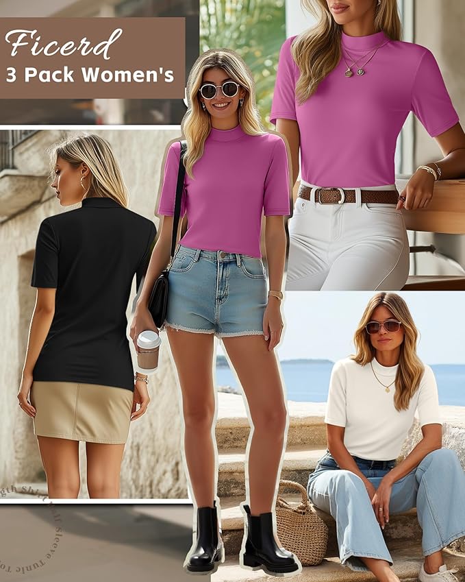 Ficerd 3 Pack Women's 1/2 Sleeve Mock Turtleneck Shirts, Elbow Length Shirt Half Sleeve Tunic Top Casual Summer Basic Tees