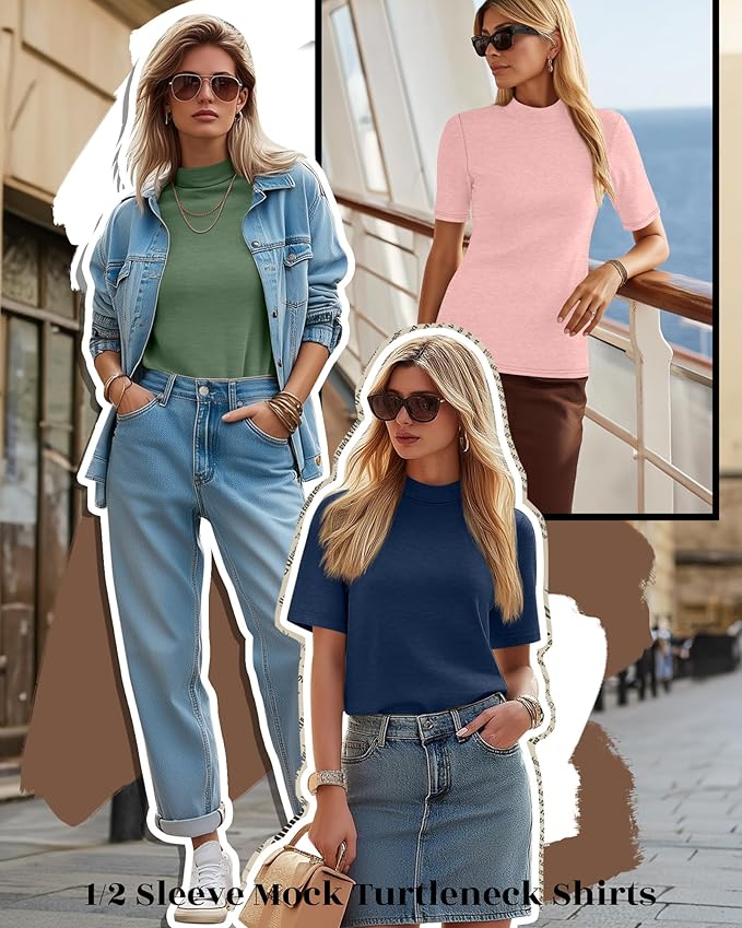 Ficerd 3 Pack Women's 1/2 Sleeve Mock Turtleneck Shirts, Elbow Length Shirt Half Sleeve Tunic Top Casual Summer Basic Tees